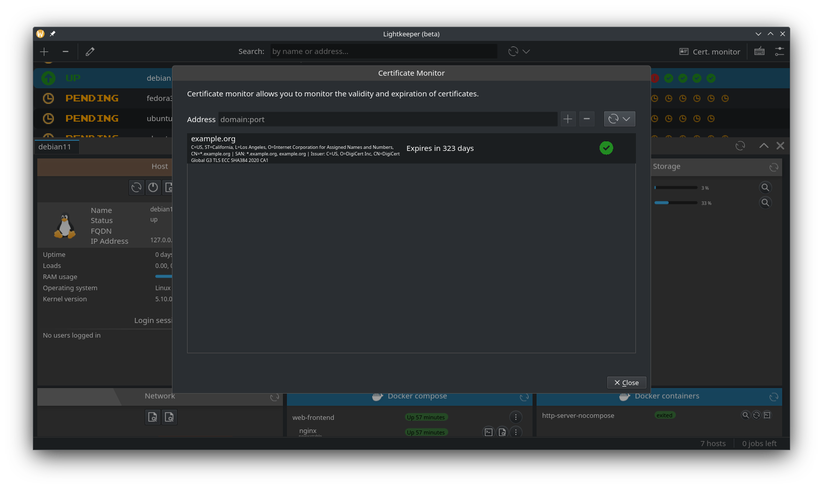 Certificate monitor listing an address, the certificate issuer, and the days until expiry.