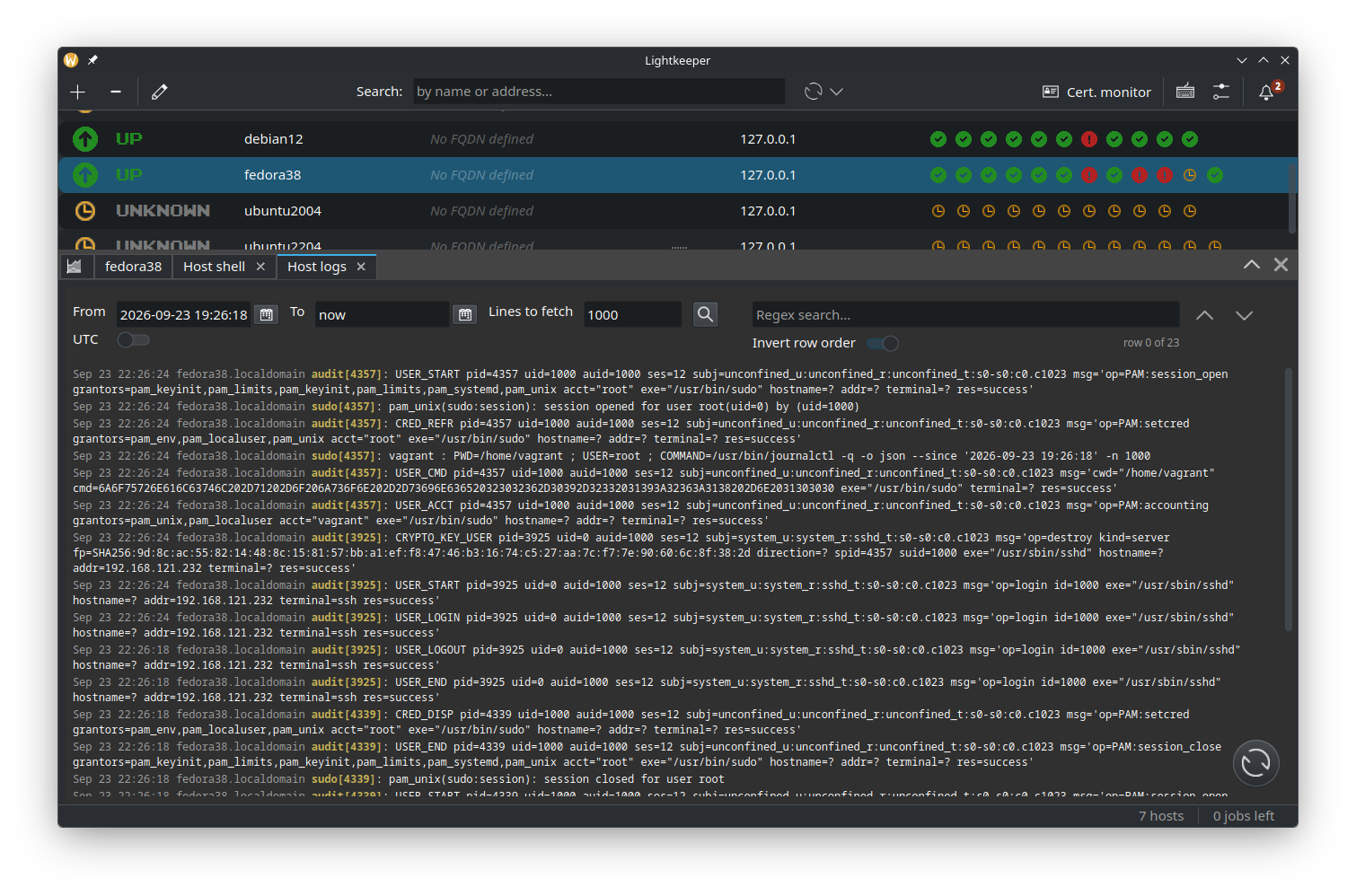 Log viewer with a search field and matching lines highlighted.
