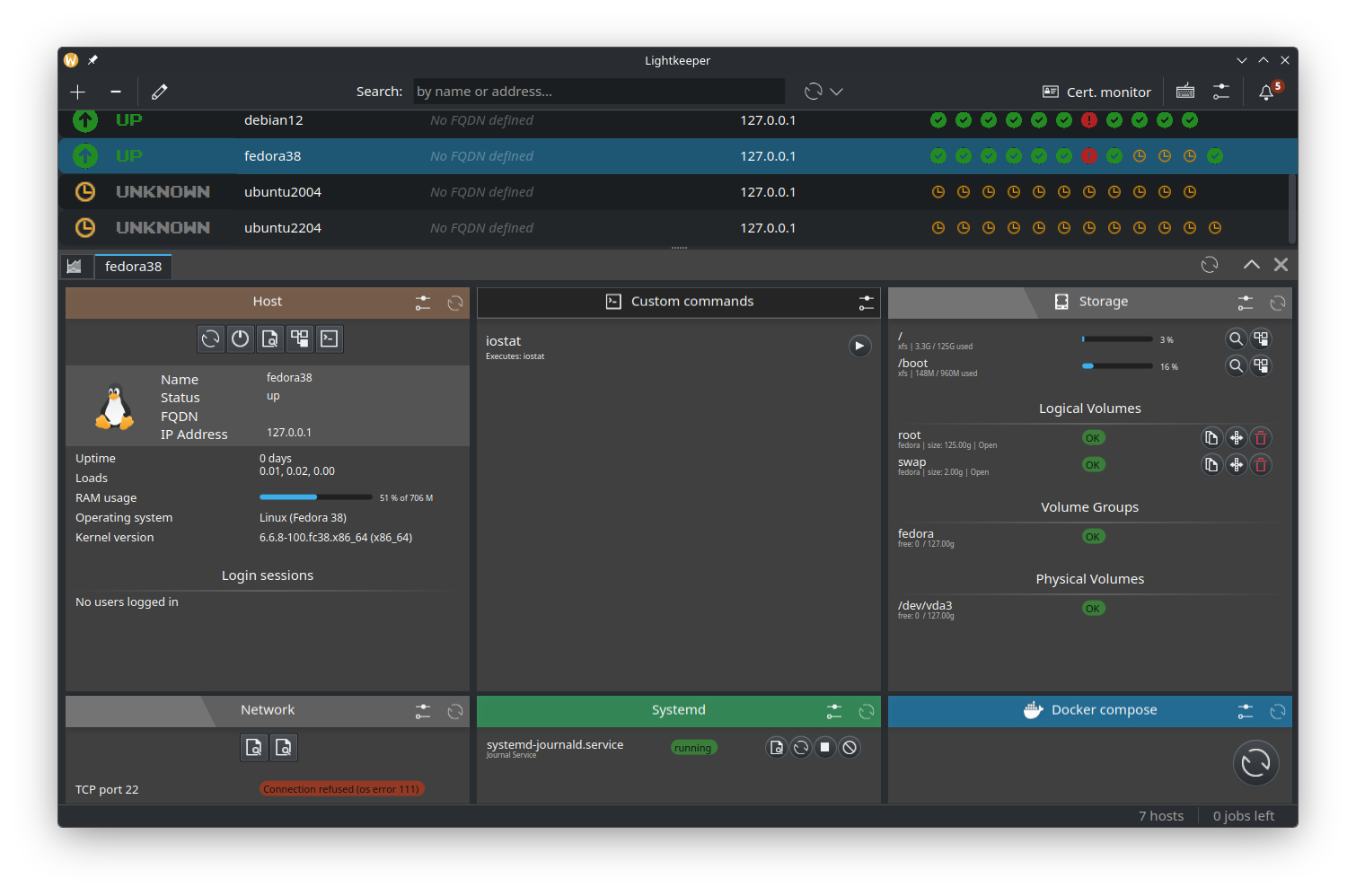 Host list with a status marker on each row, and a detail view for one host showing uptime, memory, and storage.