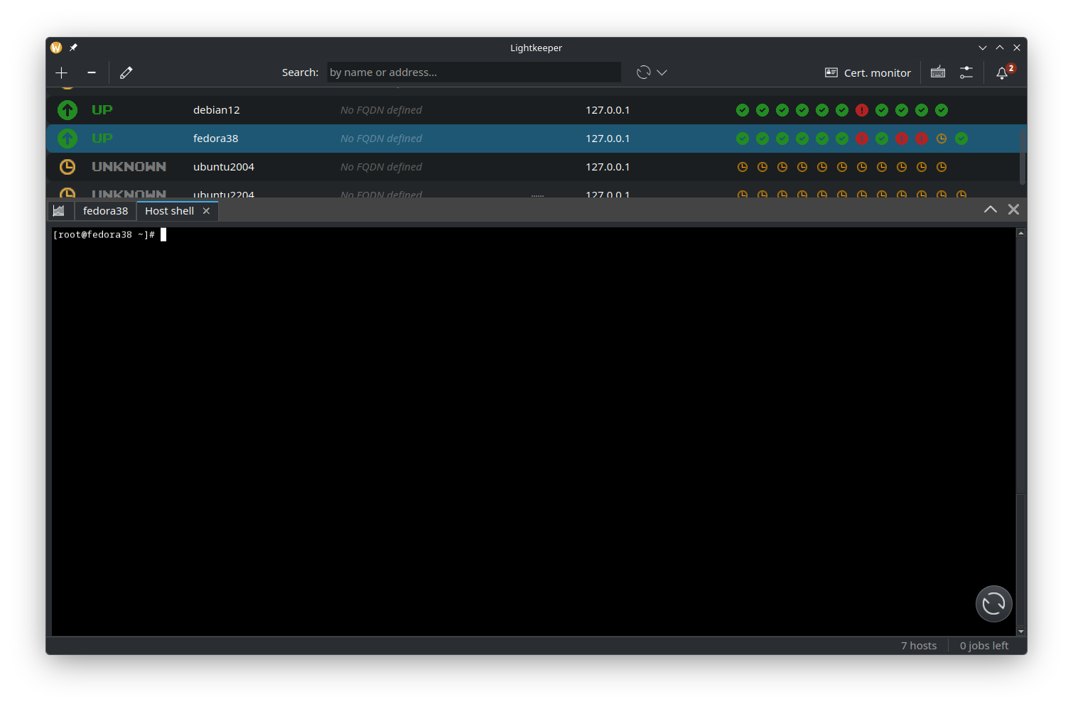 A shell session open on a host, in a tab next to the host logs.